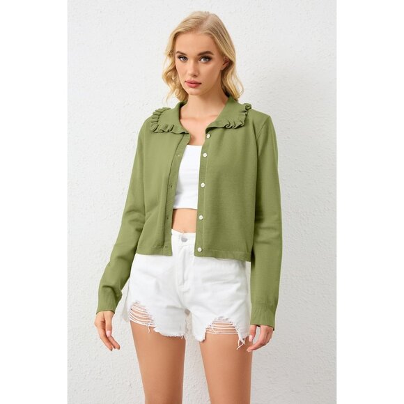 Women Cotton Blend Cropped Cardigan Ruffle Collar Button Long Sleeve Sweater - Picture 2 of 4